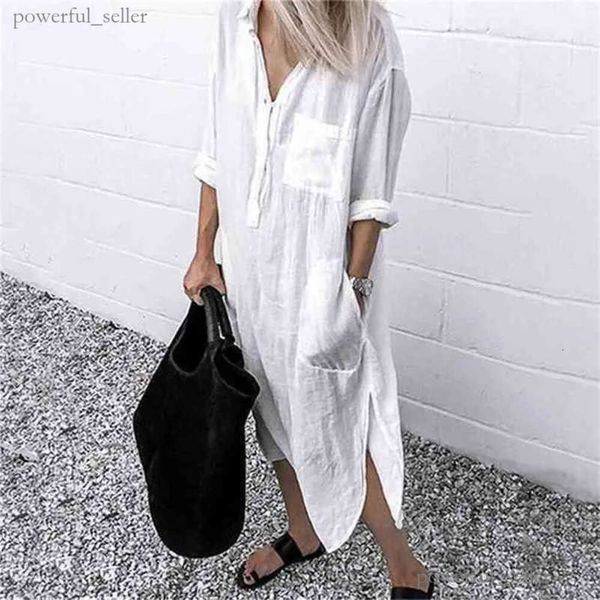 Vestido de verão para mulheres, camisa maxi de linho, vestidos elegantes, casuais, túnica feminina, plus size 5xl, vestido longo branco 502