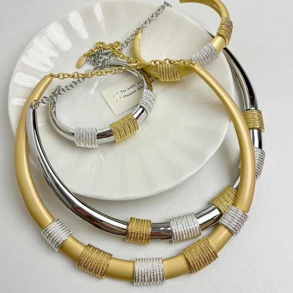 Halskette Ohrringe Set übertrieben klobige Metalldraht Drehmomente Halsband Frauen Kragen Punk Gold Silber Farbe glatte Kette Schmuck Bijoux Steampunk