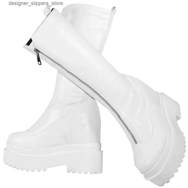 Botlar kadın için kama pompa ayakkabı siyah beyaz deri yüksek topuklu kadınlar yuvarlak ayak parmağı platform şık spor ayakkabıları sıradan ayakkabılar q240321