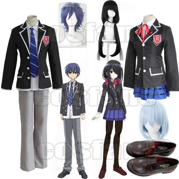 Cosplay Trajes de Anime Meninos e Meninas Anime Data Itsuka Shido RPG Perucas Tokisaki Kurumi jaqueta uniforme escolar peruca sintética sapatosC24321