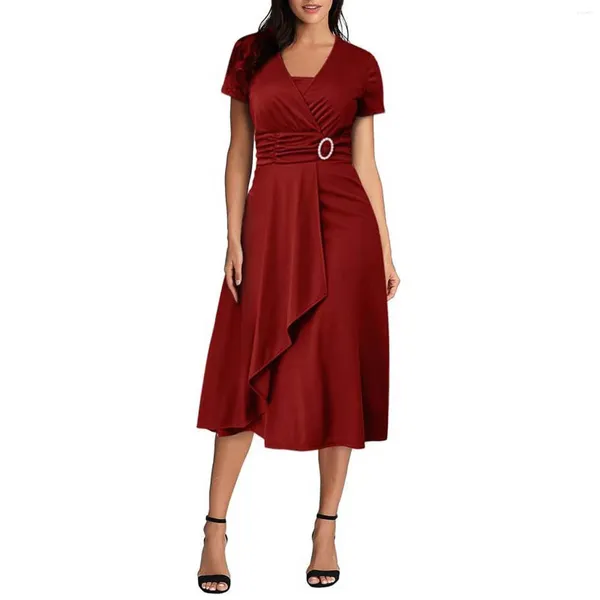 Повседневные платья Элегантное винтажное формальное платье для женщин с тугим талией асимметричный подол с коротким рукавом с твердым цветом