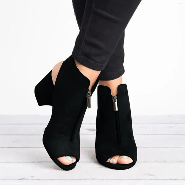 Botas Peep Toe para Mulheres Salto Chunky Caminhadas Plataforma Primavera Outono Sandálias de Cor Sólida Elegante Senhora de Escritório Calçado