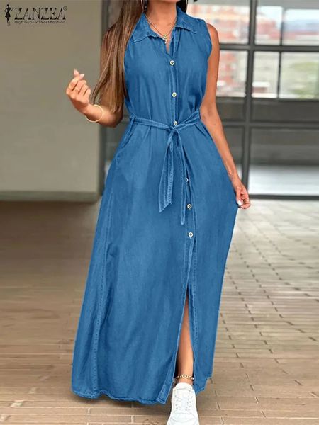 Plus size mulheres denim vestidos longos zanzea casual sem mangas turn down colarinho gravata cintura maxi vestidos moda botões até vestidos 240320