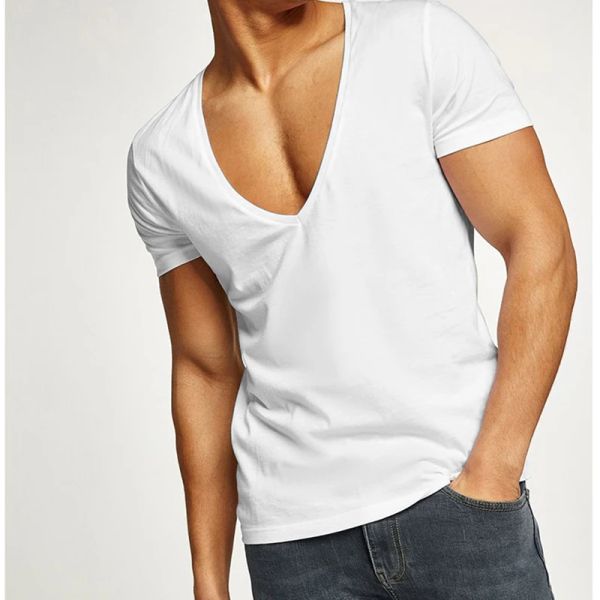 Herren-T-Shirt, Sommer, sexy Reißverschluss-T-Shirt, lässig, kurz, einfarbig, tiefer V-Ausschnitt, Sport-Baumwoll-T-Shirts, weiße Herren-Tops, kurze T-Shirts