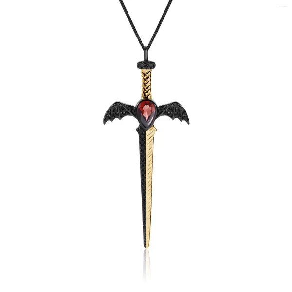 Correntes Natural Red Garnet 925 Sterling Silver Bat'S Wing Espada Colar Vintage Punk Fine Jewelry