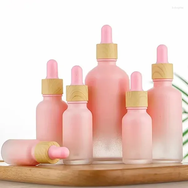 Bottiglie di stoccaggio 5/10/15/20 ML Bottiglia di vetro smerigliato rosa con contagocce pipetta Olio essenziale riutilizzabile Imballaggio di essenza cosmetica