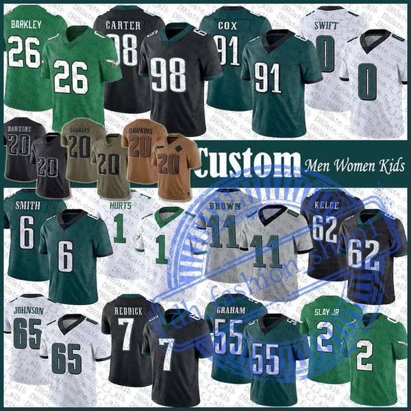 Personalizado 1 Jalen Hurts 26 Saquon Barkley Football Jersey 11 AJ Brown 6 Devonta Smith 0 Dandre Swift Haason Reddick Fletcher Cox Jalen Carter Darius Slay Jr Brandon G 494