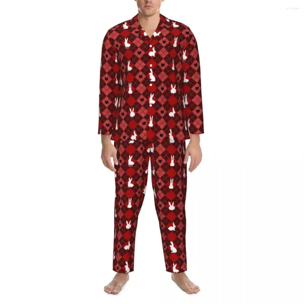 Pijamas masculinos pijamas homens vermelho branco kawaii quarto nightwear primavera duas peças estética oversize gráfico pijama conjunto