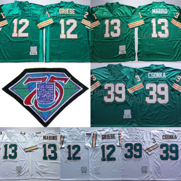 Retro 1994Football Vintage 12 Bob Griese Maglie 39 Larry Csonka 13 Dan Marino 75 ° anniversario Ricamo e cucito Verde Bianco Uniforme della squadra Puro cotone Vendita