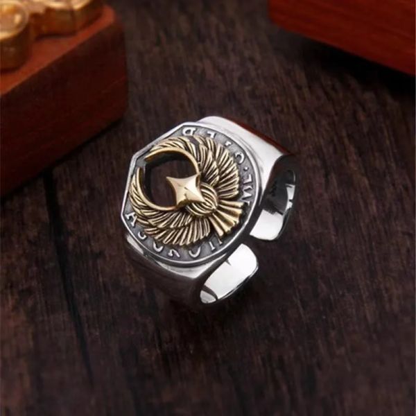 Anello in oro bianco 14 carati con alfabeto retrò fatto a mano con aquila volante, anelli da uomo prepotenti indiani, gioielli hip-hop alla moda da donna