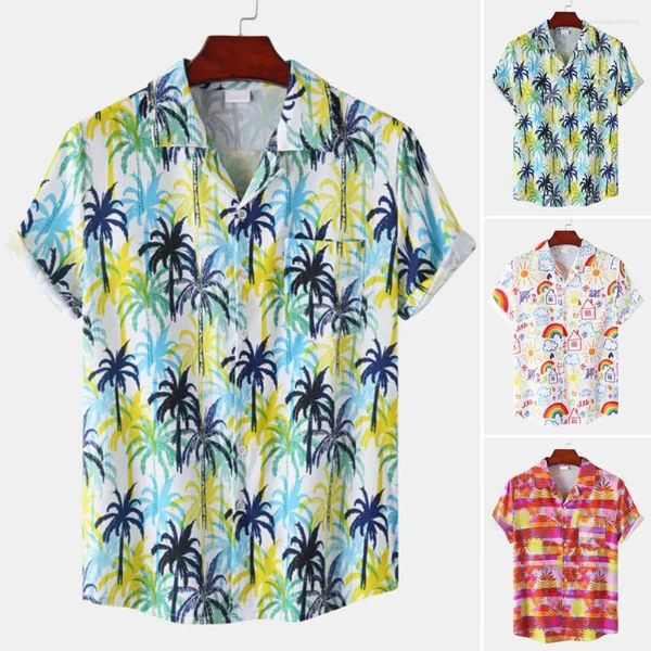 Camisas casuais masculinas lapela manga curta remendo bolso único breasted camisa masculina verão coqueiro impressão havaiano beachwear