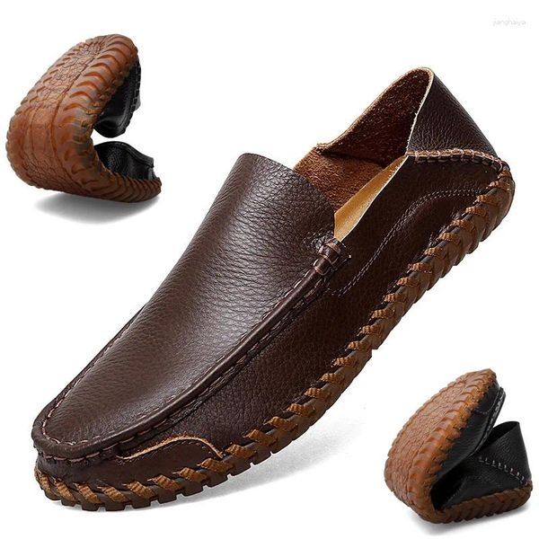 Sapatos casuais plus size 38-48 couro genuíno homens mocassins vaca para homem macio e confortável mocassins costurados à mão condução