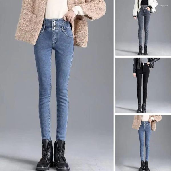 Calças femininas Mulheres Algodão Denim Jeans Quente Aconchegante Cintura Alta Inverno com Forro de Pele Falso para Slim Fit Lápis Outono