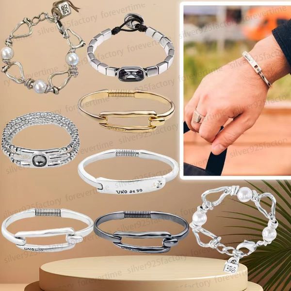 HOT UNOde50 Grauer Kristall-Charme-Designer-Armband für Frauen, kubanische Kette, Paar, mehrschichtig, Herren-Armband, Lederarmband, Armreifen, Modeschmuck, Geschenk