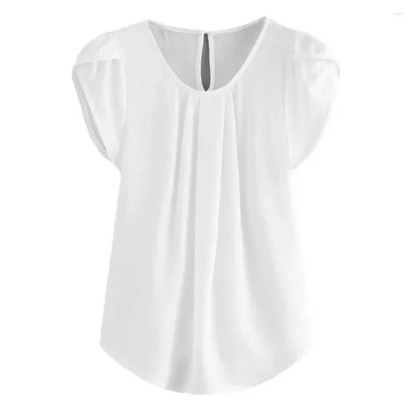 Blusas femininas em torno do pescoço elegante verão topos manga pétala plissado camiseta blusa de cor sólida casual para grande