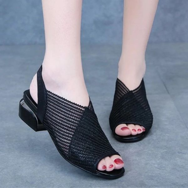 Sandalen niedrige Absatz Frauen Sandalen 2022 Summer Opentoe Mesh Frauen Schuhe Mode Dicke Absatz Sandalen Frauen Einfache Trend Fisch Mund Schuhe Frauen Frauen