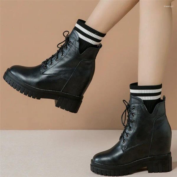 Sapatos de vestido mulheres cunhas de couro genuíno bombas de salto alto feminino tricô redondo dedo do pé botas de tornozelo militar moda tênis casuais