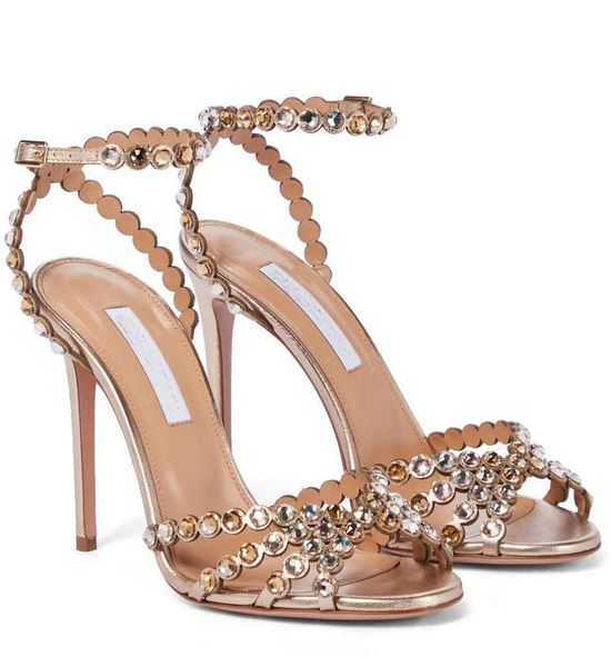 Top Luxo Itália Aquazzus Tequila Mulheres Sandálias Salto Sapatos Verão Caminhada Com Tiras Enfeites De Cristal Senhora De Salto Alto Festa Vestido De Noiva Gladiador Sandalias