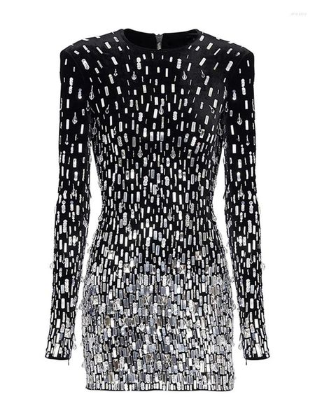 Lässige Kleider Diamant für Ihren Geburtstag 2024 Designer Damen Langarm Luxuriöses Mini-Partykleid aus Samt mit Pailletten und Kristallperlen