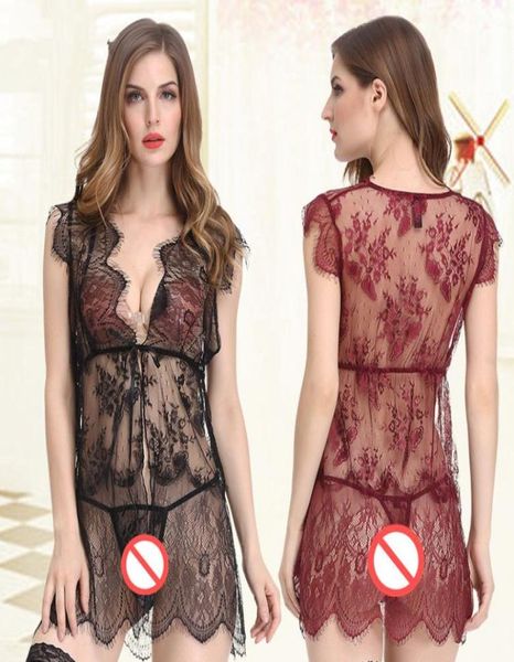 Weiß Schwarz Sexy Tiefe V Spitze Nacht Sheer TranSparent Kleid Abend Nachthemd Nachthemd Nachtwäsche Dessous Für Frauen5894117