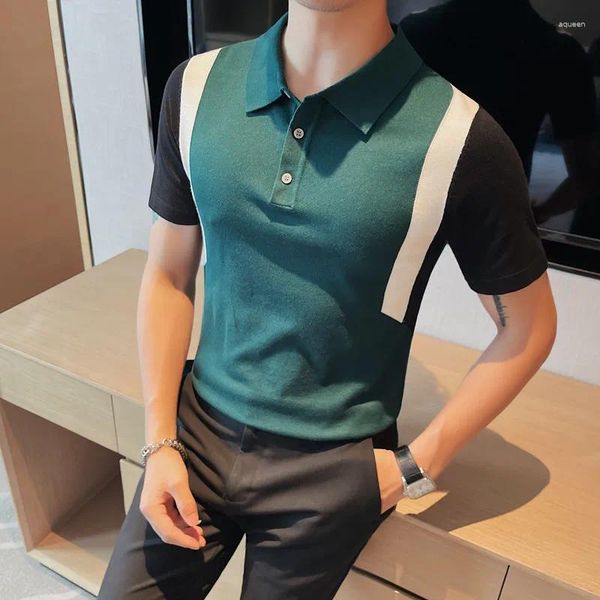 Polo da uomo 2024 Estate Manica corta da uomo in seta di ghiaccio POLO Business Fashion Colletto rovesciato Slim Fit Casual lavorato a maglia Tee Homme M-4XL