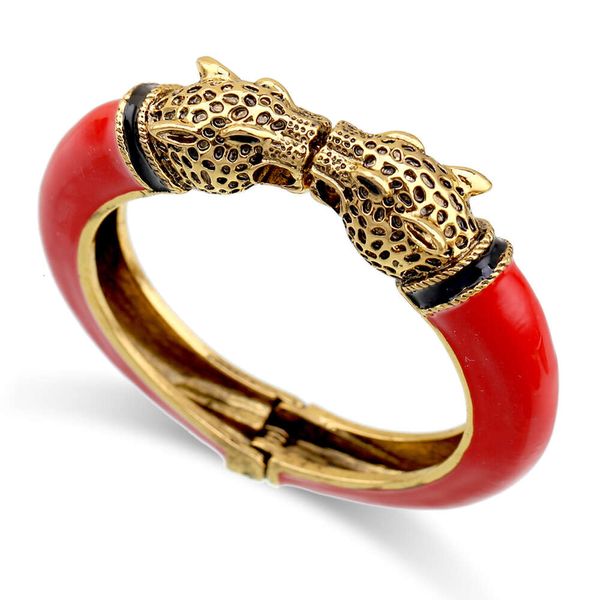 Moda dupla cabeça de leopardo esmalte manguito declaração pulseira para mulheres meninas banhado a ouro animal pulseira vintage