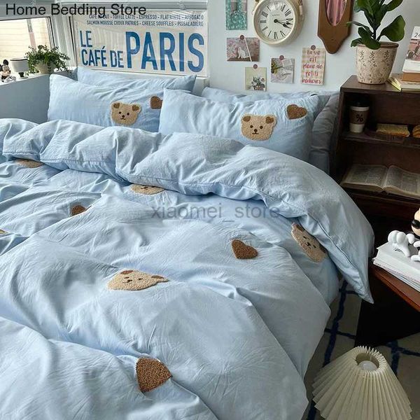 Одеяла, комплект постельного белья с синим медведем, пододеяльник, двуспальная кровать, двуспальная кровать, плоский лист, декор для детской комнаты для девочек, пододеяльник, наволочка, Kawaii 240321