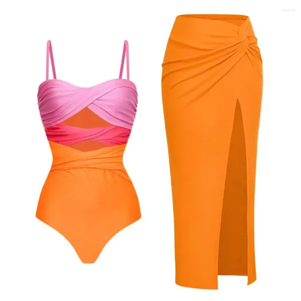 Damen-Bademode, sexy, hohl, Colorblock-Badeanzug, modisch, schlank, rückenfrei, Strand, einteilig, elegant, Sling-Bikini, Push-Ups