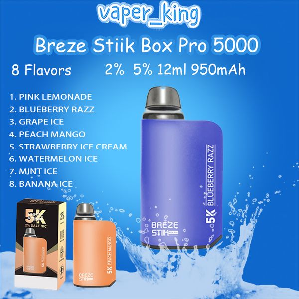 Breze Stiik Box Pro 5000 Puff Одноразовая электронная сигаретная трубка Сетчатая катушка 12 мл картриджи 950 мА Перезаряжаемая трубка 2% 5% 8 вкусов 5K затяжек Комплект Vape Pen