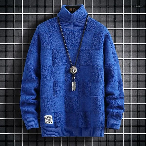 Maglioni da uomo collo alto maglione caldo ispessito / qualità invernale puro coreano slim casual moda marchio allentato pullover lavorato a maglia a quadri