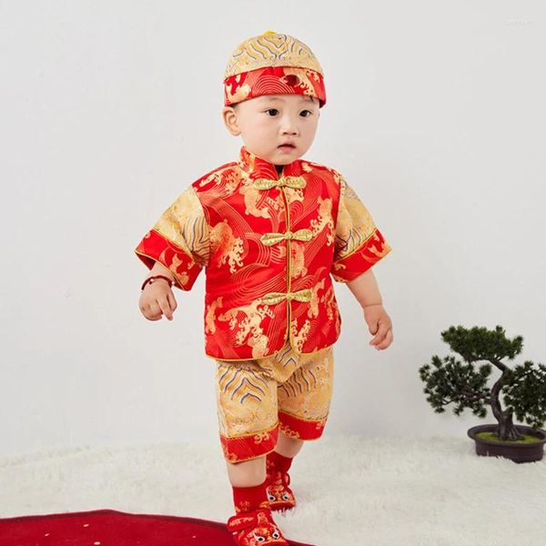 Roupas étnicas Bebê Meninos Estilo Chinês Bordado Hanfu Tops Calças Chapéu Conjuntos Tang Terno Crianças Ano Aniversário Outfits Oriental