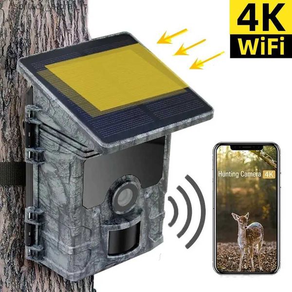 Câmeras de trilha de caça 4K de alta definição câmera de armadilha de trilha de caça visão noturna WiFi painel solar vídeo à prova d'água IP66 câmera de esportes de vida selvagem ativada Q240321