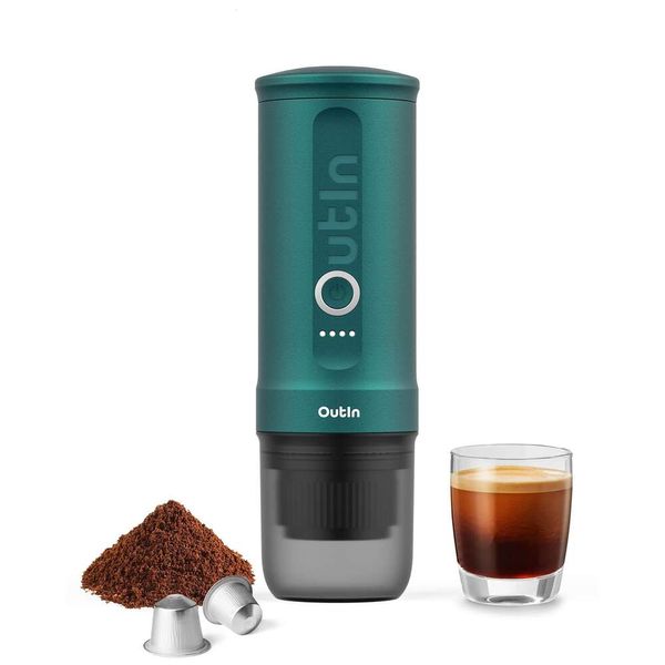 Outin Nano Espresso Hine elettrico portatile 3-4 minuti di riscaldamento autonomo, 20 mini caffè Hines per auto da 5 V con capsule NS e pavimento, adatto per il campeggio,