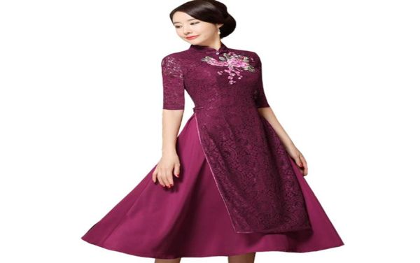Фиолетовое летнее женское кружевное китайское платье-трапеция с цветочной вышивкой, длинное Cheongsam в этническом стиле Вьетнам, Aodai Qipao Oversize SXXXXL2646024