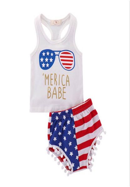 Bebê menina colete terno bandeira americana independência dia nacional EUA 4 de julho estrela listra sem mangas tops shorts com borla conjunto de duas peças S6152020