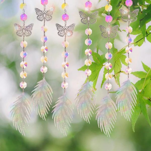 Decorazioni da giardino Farfalla Ciondolo in cristallo Colore Perlina ottagonale Ornamenti pendenti Fai da te Acchiappasole Piuma Decorazione esterna per la casa