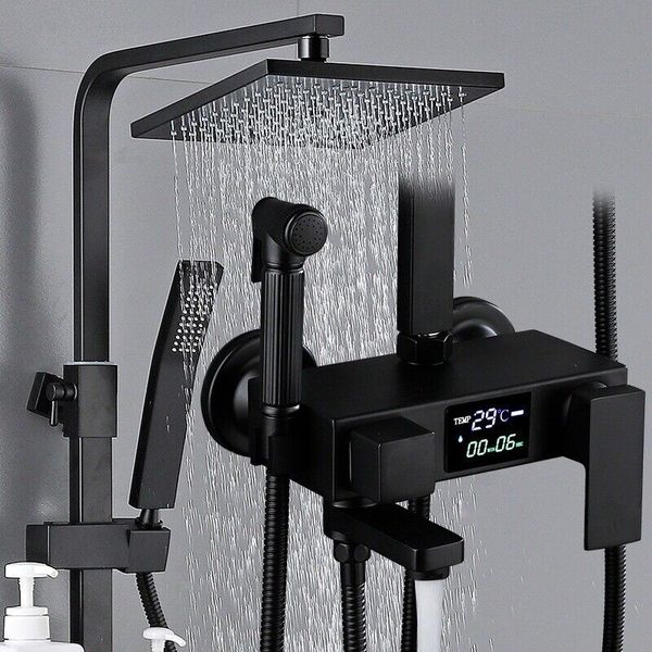 Sistema de chuveiro para banheiro, conjunto de chuveiro portátil dourado preto, termostático inteligente