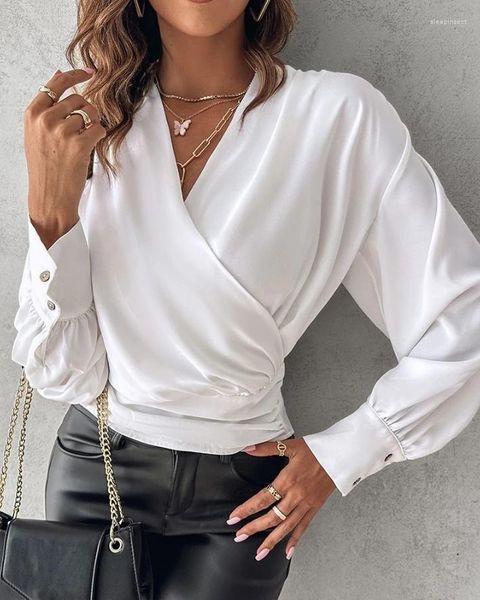 Blusas femininas blusa de escritório para mulher 2024 manga lanterna moda primavera elegante com decote em v camisa solta pulôver t ruched envoltório topo