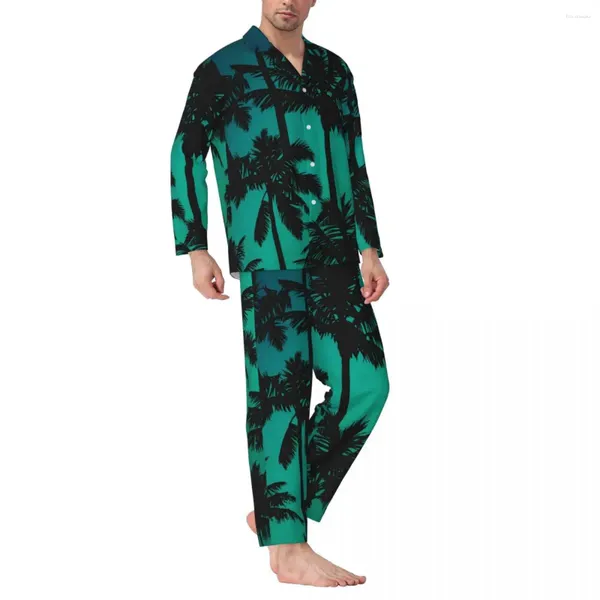 Homens sleepwear palmeiras pijamas conjunto primavera plantas imprimir quarto romântico mulheres 2 peças retro oversized personalizado nightwear presente