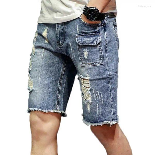 Herren-Shorts, zerrissene Herren-Denim-Jeans, hellblaue Tasche, Sommerkleidung für Männer