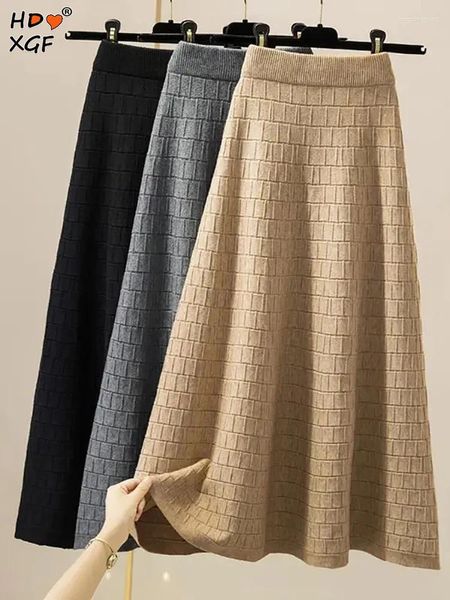 Saias outono inverno cor sólida xadrez de malha moda coreana elástica cintura alta a-line saia simples roupas femininas longas