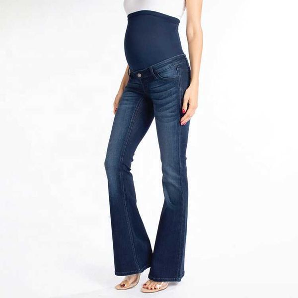 Calça jeans para gravidez de alta qualidade, azul, macaco, lavagem, cintura elástica, corte de bota, maternidade, mulheres