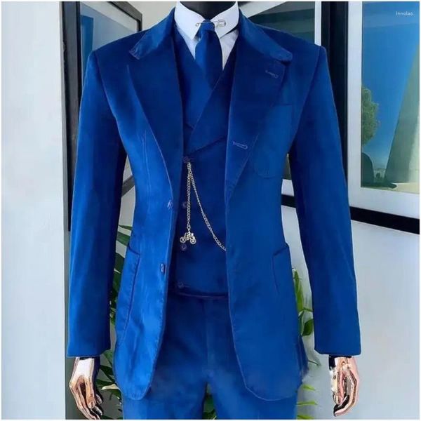 Herrenanzüge, blaues Samt-Set für Männer, 3-teilig, gekerbtes Revers, Hochzeit, Smoking, Bräutigam, Kleid, Anzug, männlich, Blazer, modisch, Jacke, Weste, Hosen