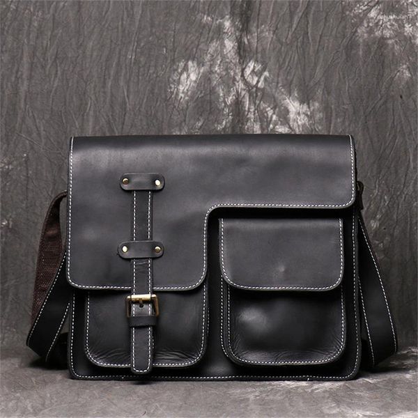 Saco Nesitu A4 Grosso Genuíno Crazy Horse Couro Homens Messenger Bags Alta Qualidade Vintage Marrom Preto M3351