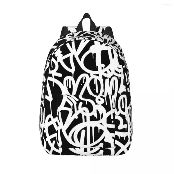 Mochila preto e branco graffiti feminino doodle durável mochilas poliéster kawaii high school sacos de viagem designer mochila