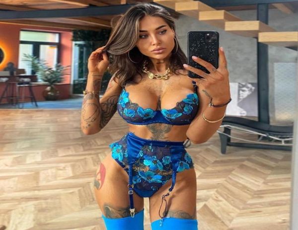 Conjuntos de sutiãs Yimunancy 3 peças conjunto de sutiã de renda mulheres bordado calcinha roupa interior senhoras azul retalhos lingerie sexy setbras1338012