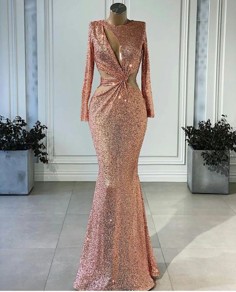 Abiti da sera a sirena in oro rosa lucido con collo gioiello e maniche lunghe con paillettes, abito da ballo per ragazze, spettacolo alla moda sul tappeto rosso