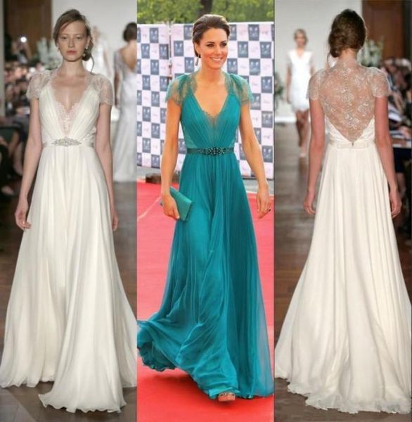 Hunter Spitzen-Chiffon-Abendkleid für formelle Anlässe auf dem roten Teppich mit Kristallgürtel 2019 von Kate Middleton in Jenny Packham in voller Länge, Anlass 7471695