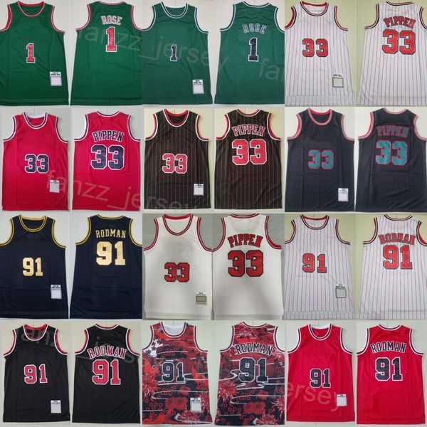 Maglie da basket retrò Derrick Rose 1 Vintage Scottie Pippen 33 Dennis Rodman 91 Team Rosso blu Bianco Nero Verde Per gli appassionati di sport Cucito su uomo Abbigliamento sportivo