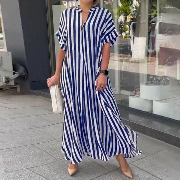 Casual Kleider Frauen Gestreiften Gedruckt Seite Split Shirt Sommer Kurzarm V-ausschnitt Langes Kleid Übergroßen Maxi Robe De Plage